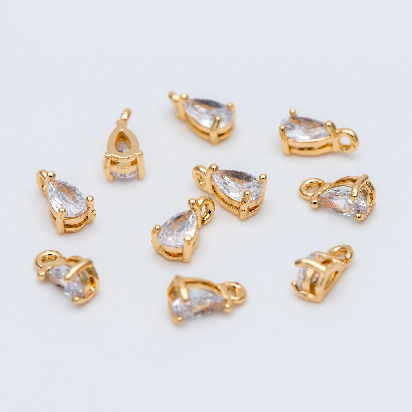 10pcs CZ pave Gold Teardrop Charms 7x4mm, Gold Plated Brass Drop Pendants (GB-4582-D1)