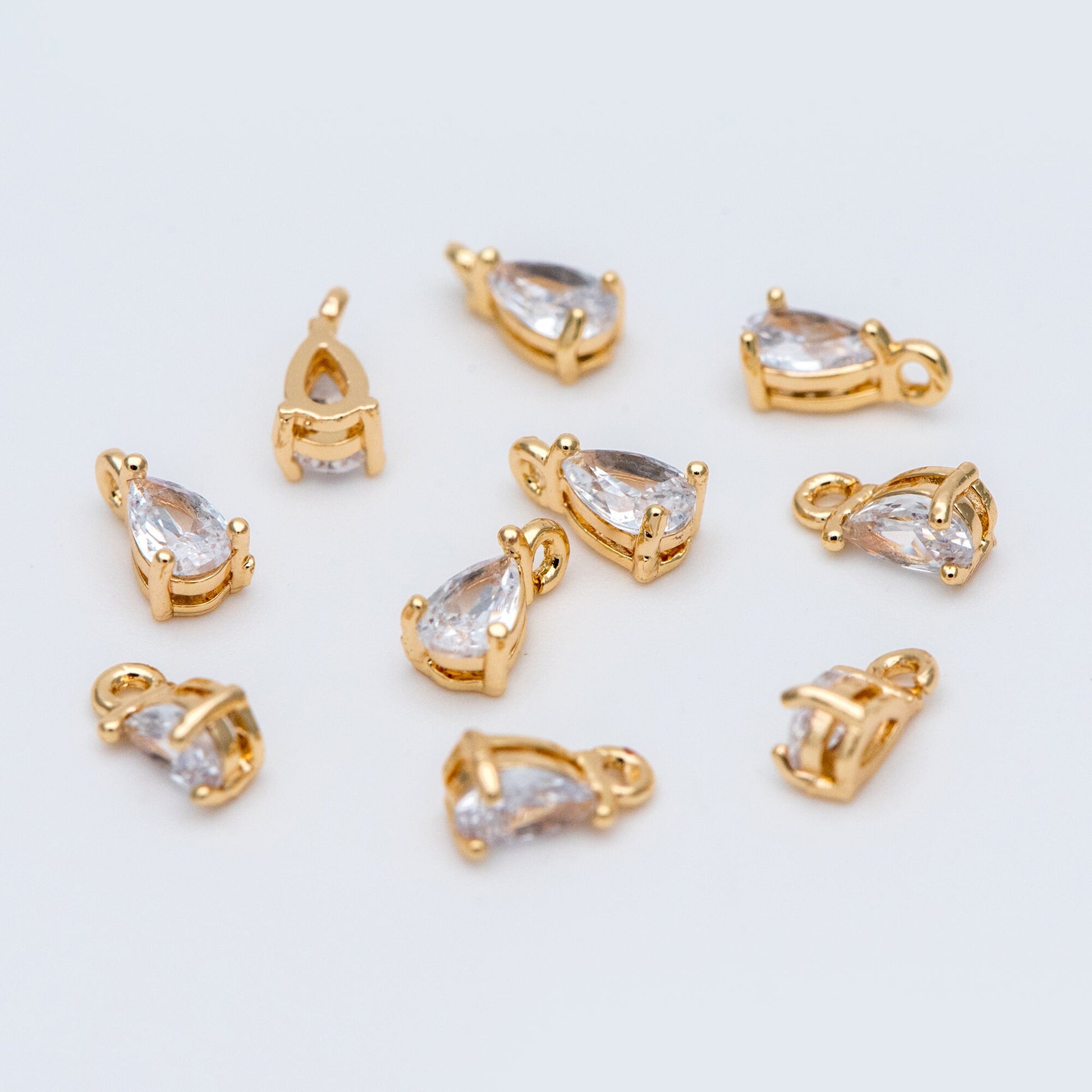 10pcs CZ pave Gold Teardrop Charms 7x4mm, Gold Plated Brass Drop Pendants (GB-4582-D1)