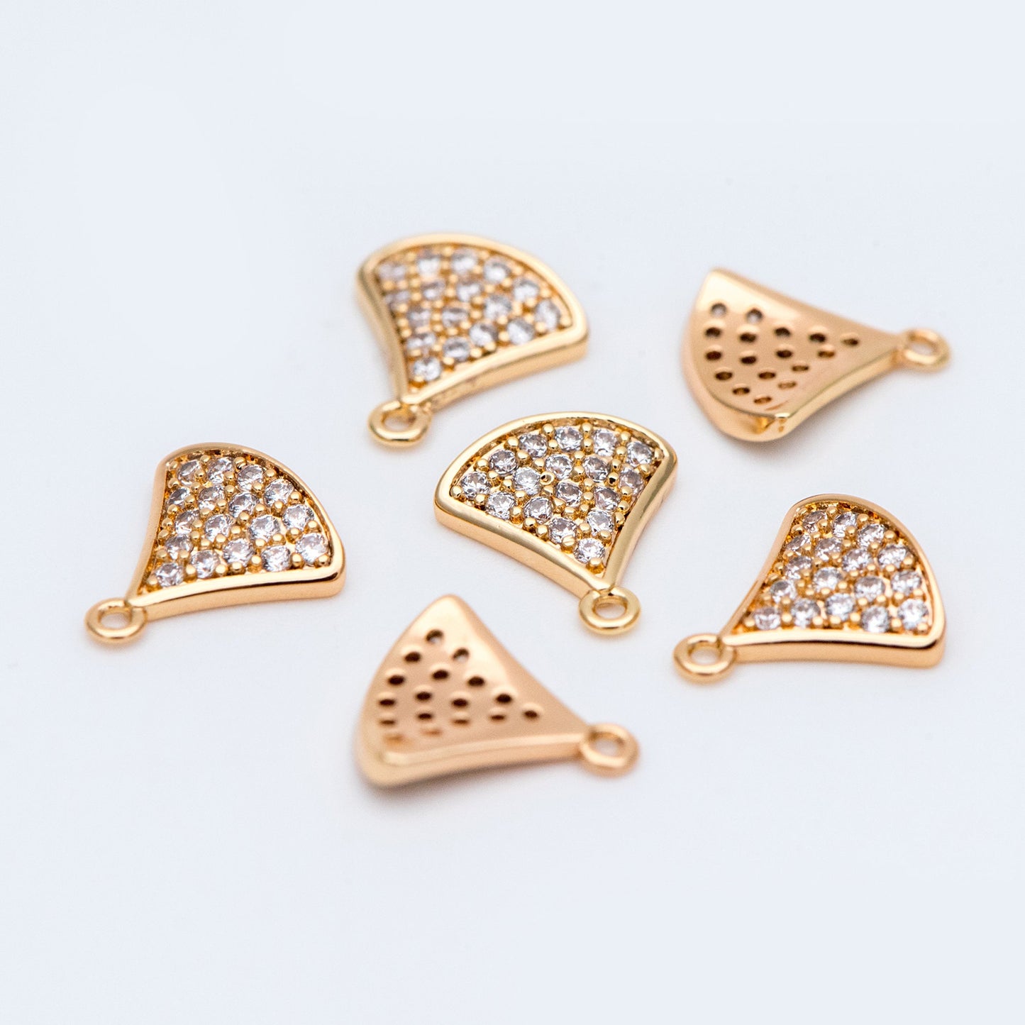 4pcs CZ Pave Gold Fan Shaped Charm Connectors 9mm, 18K Gold plated on Brass (GB-160-A)