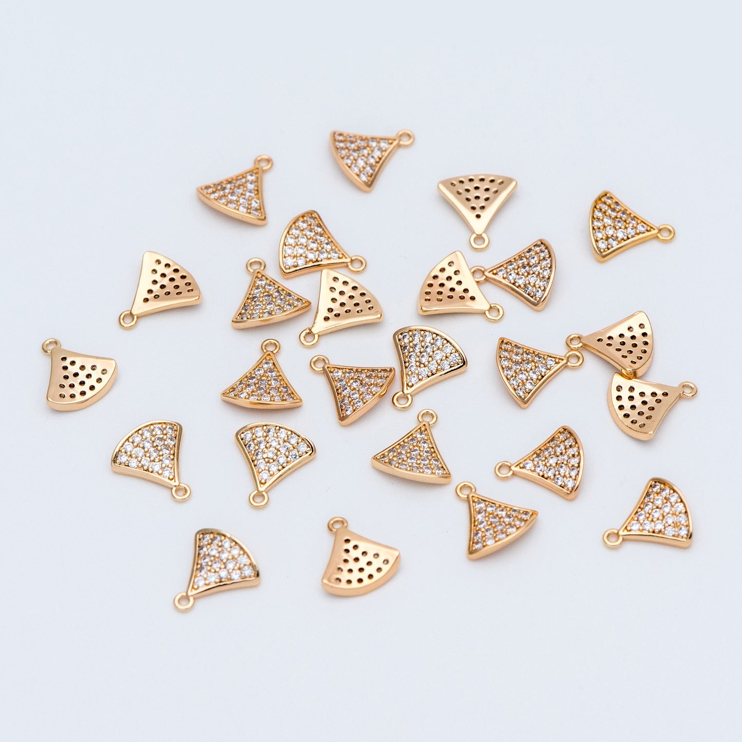 4pcs CZ Pave Gold Fan Shaped Charm Connectors 9mm, 18K Gold plated on Brass (GB-735)