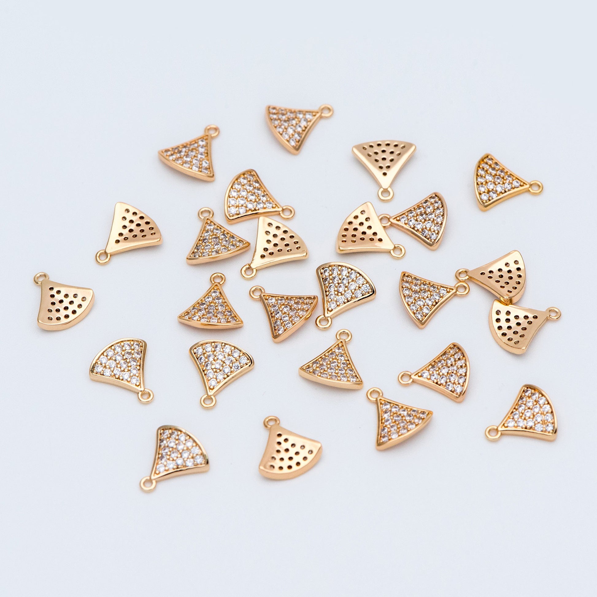 4pcs CZ Pave Gold Fan Shaped Charm Connectors 9mm, 18K Gold plated on Brass (GB-735)