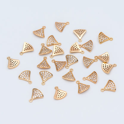 4pcs CZ Pave Gold Fan Shaped Charm Connectors 9mm, 18K Gold plated on Brass (GB-735)