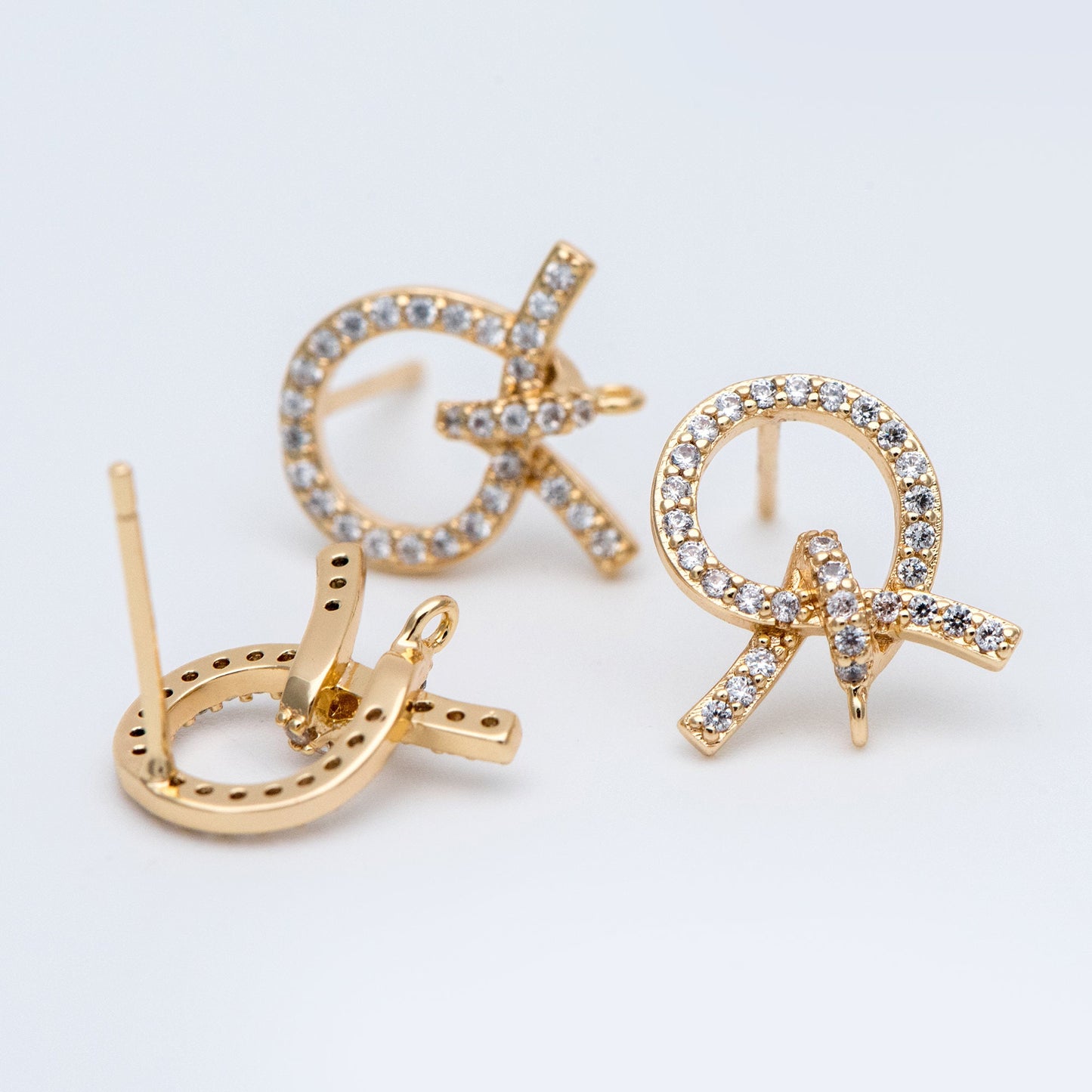 4pcs CZ Pave Gold Ear Post, Bowknot Stud Earring with Loop (#GB-747)