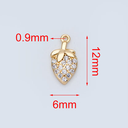 4pcs CZ Pave Gold/ Silver Tone Strawberry Charm Pendants 12x6mm, 18K Gold/ rhodium plated on Brass (GB-769)