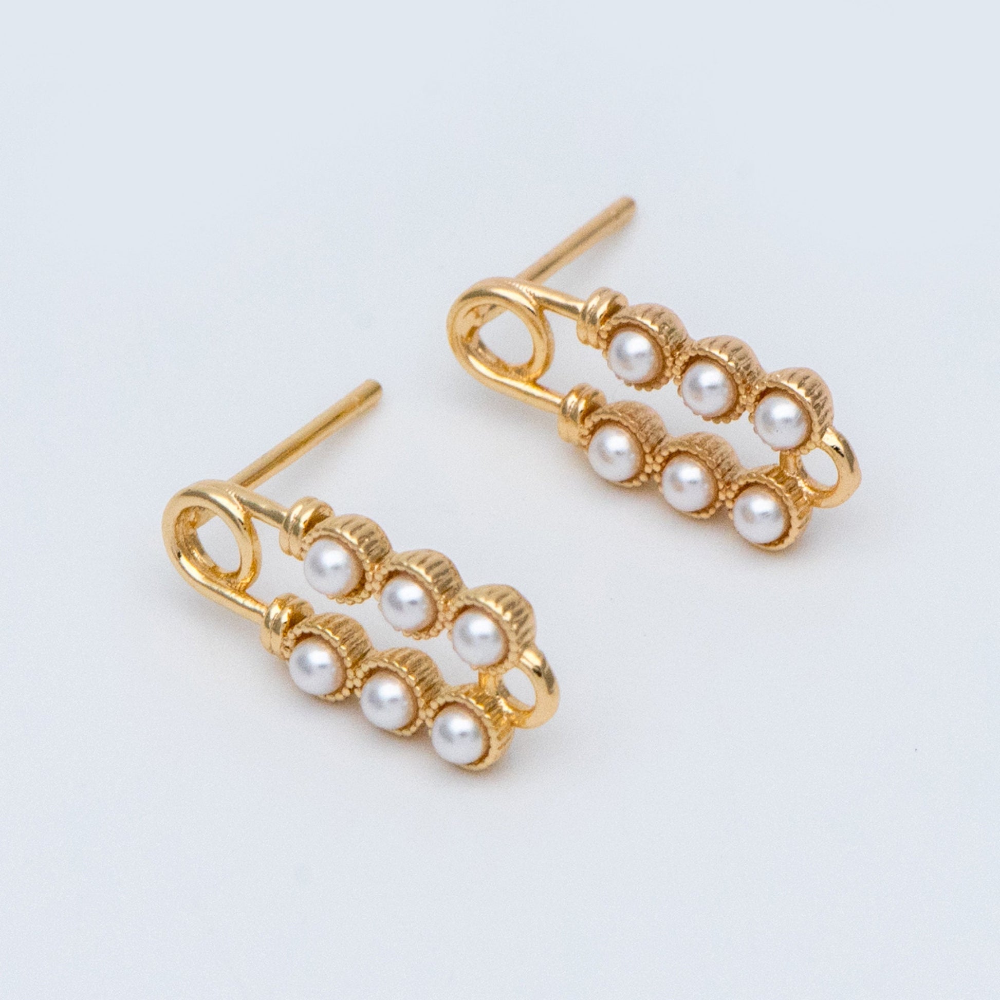 10pcs Gold plated Brass Safety Pin Stud Earring, Faux Pearl Ear Posts with Loop (GB-727)