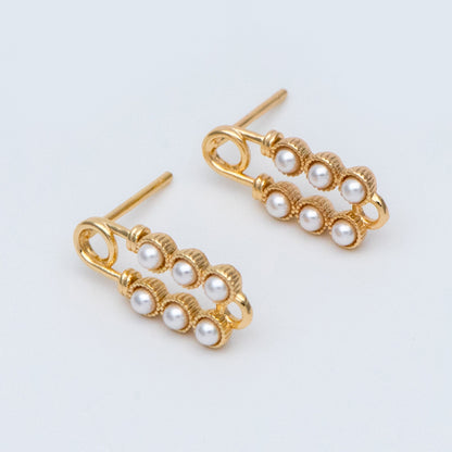 10pcs Gold plated Brass Safety Pin Stud Earring, Faux Pearl Ear Posts with Loop (GB-727)