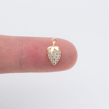 4pcs CZ Pave Gold/ Silver Tone Strawberry Charm Pendants 12x6mm, 18K Gold/ rhodium plated on Brass (GB-769)