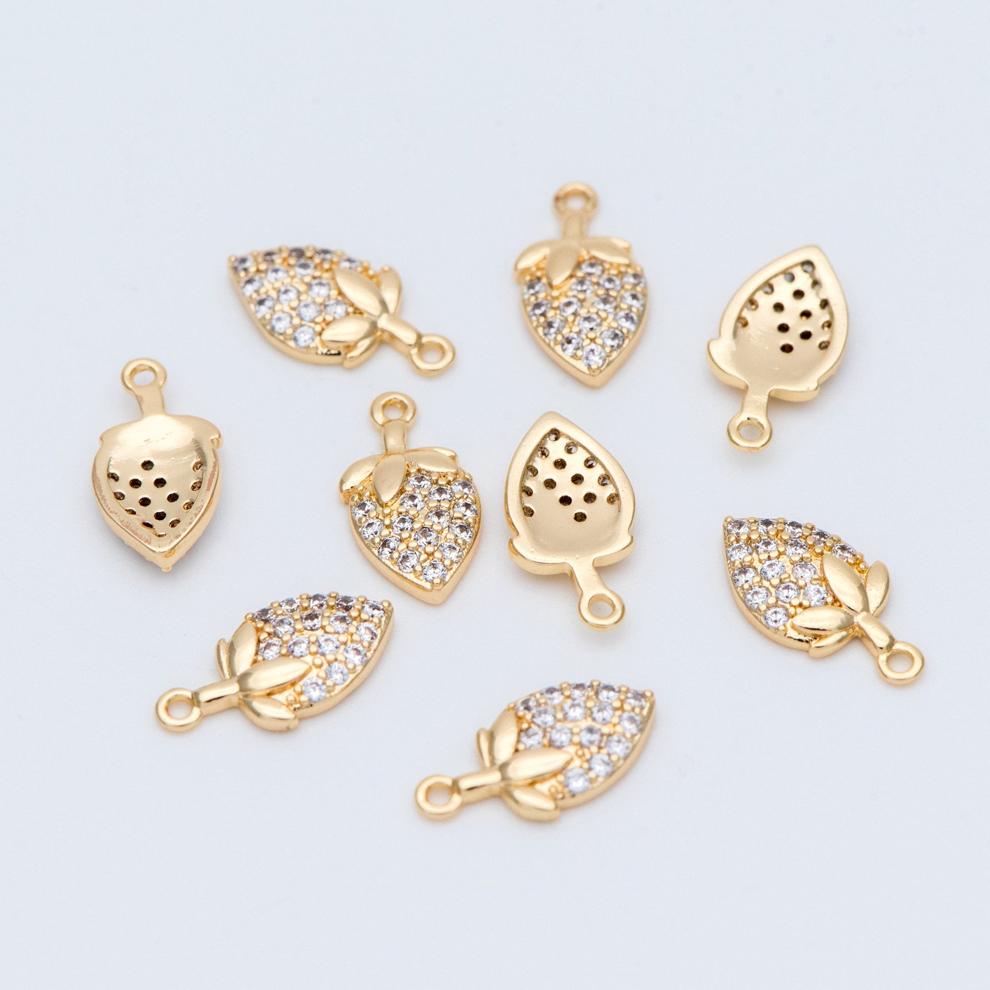 4pcs CZ Pave Gold/ Silver Tone Strawberry Charm Pendants 12x6mm, 18K Gold/ rhodium plated on Brass (GB-769)