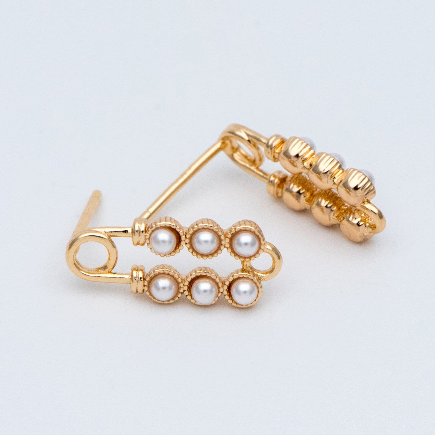 10pcs Gold plated Brass Safety Pin Stud Earring, Faux Pearl Ear Posts with Loop (GB-727)