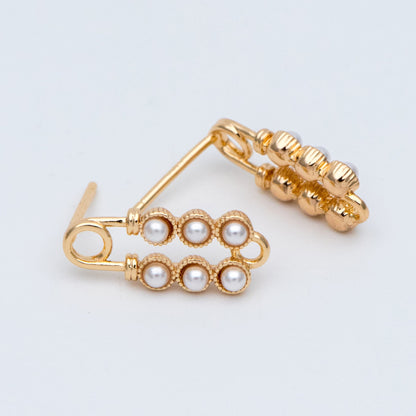 10pcs Gold plated Brass Safety Pin Stud Earring, Faux Pearl Ear Posts with Loop (GB-727)