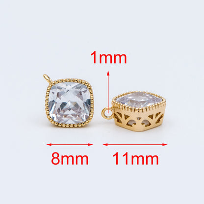 10pcs CZ Pave Square Pendants 11x8mm, Real Gold plated Brass, Rhombus Geometric Charms (GB-780)