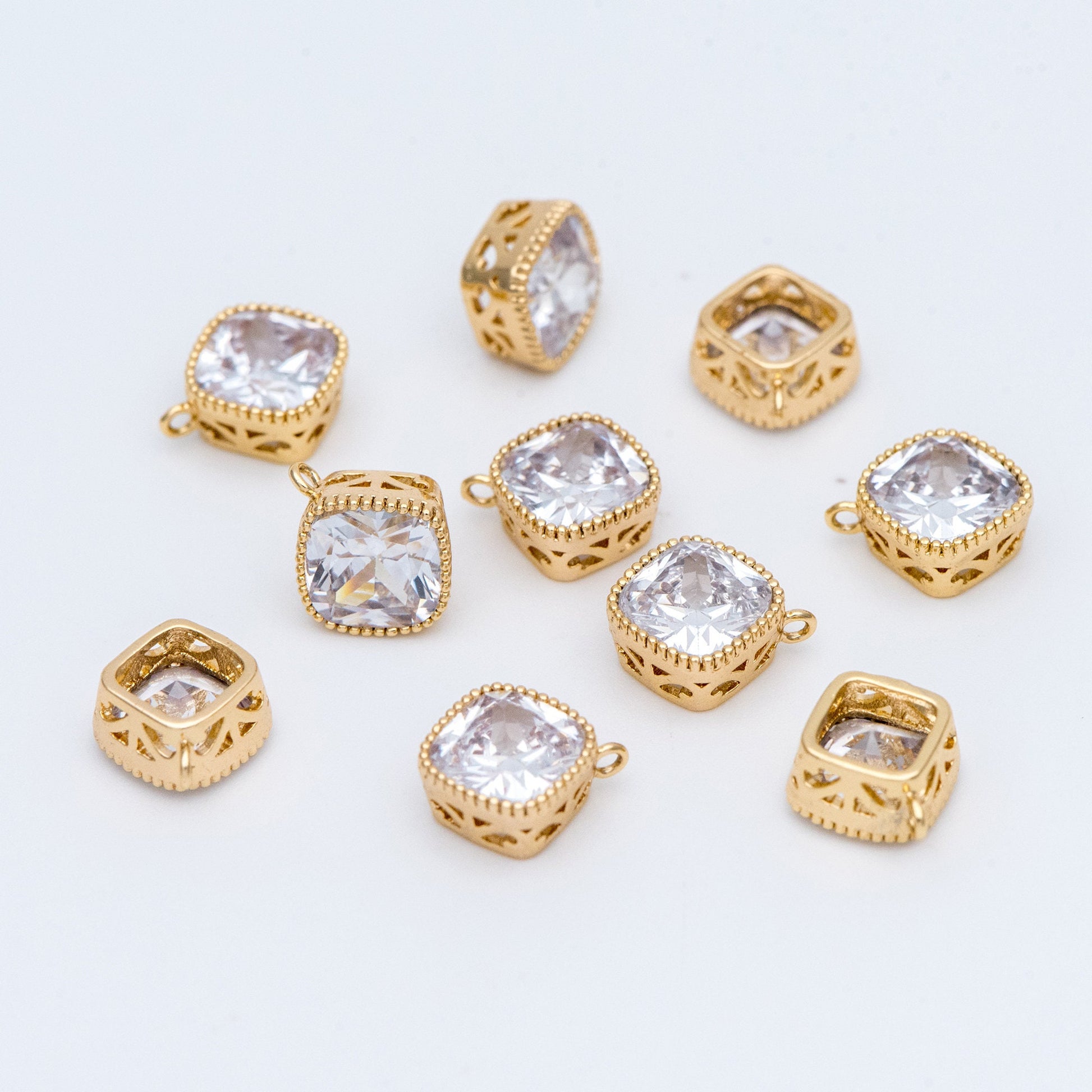 10pcs CZ Pave Square Pendants 11x8mm, Real Gold plated Brass, Rhombus Geometric Charms (GB-780)
