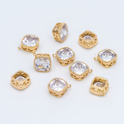 10pcs CZ Pave Square Pendants 11x8mm, Real Gold plated Brass, Rhombus Geometric Charms (GB-780)