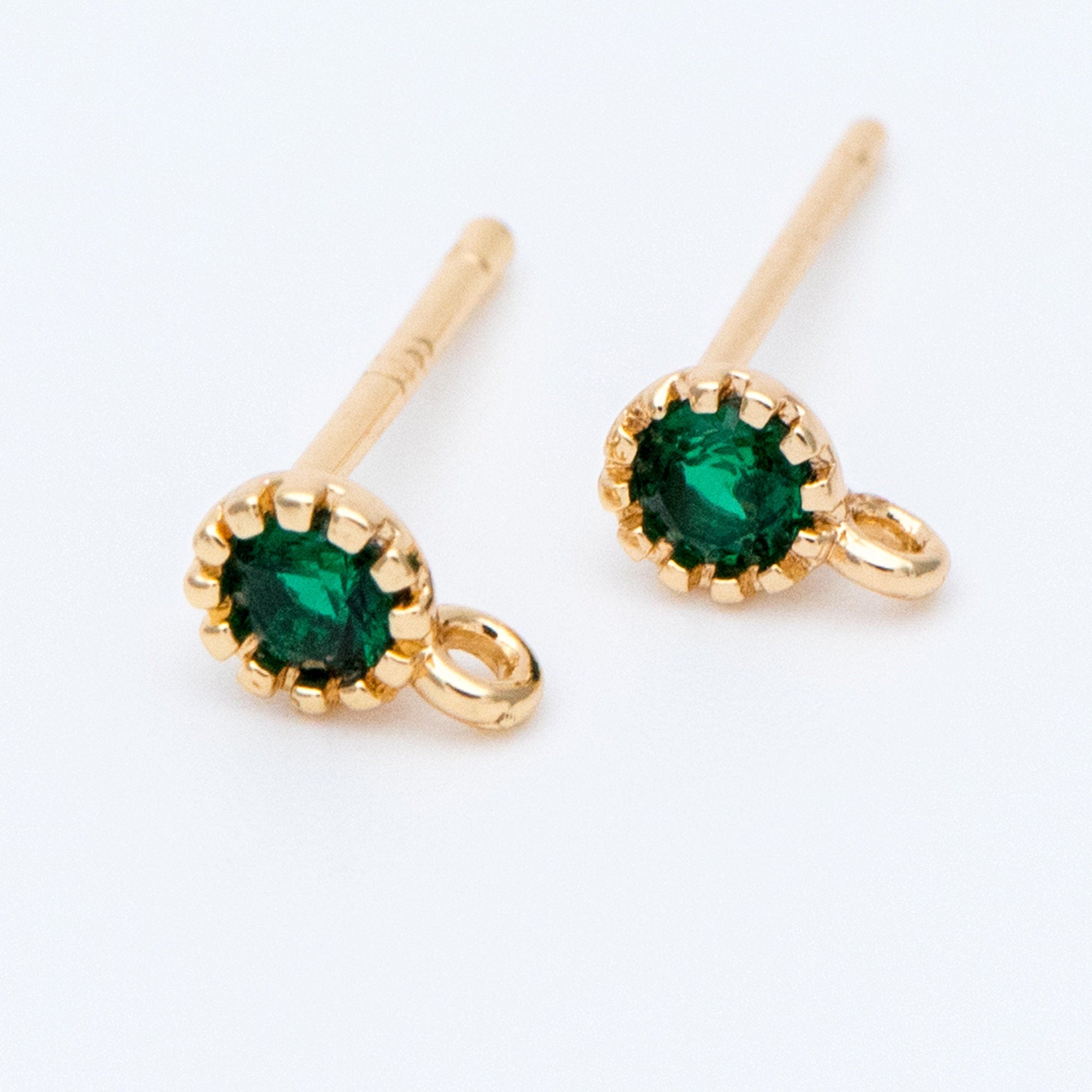 10pcs Red/ Emerald Rhinestone Ear Posts 4mm, CZ Stud Earring with Loops, 18K Gold plated Brass Ear Findings (#GB-781)