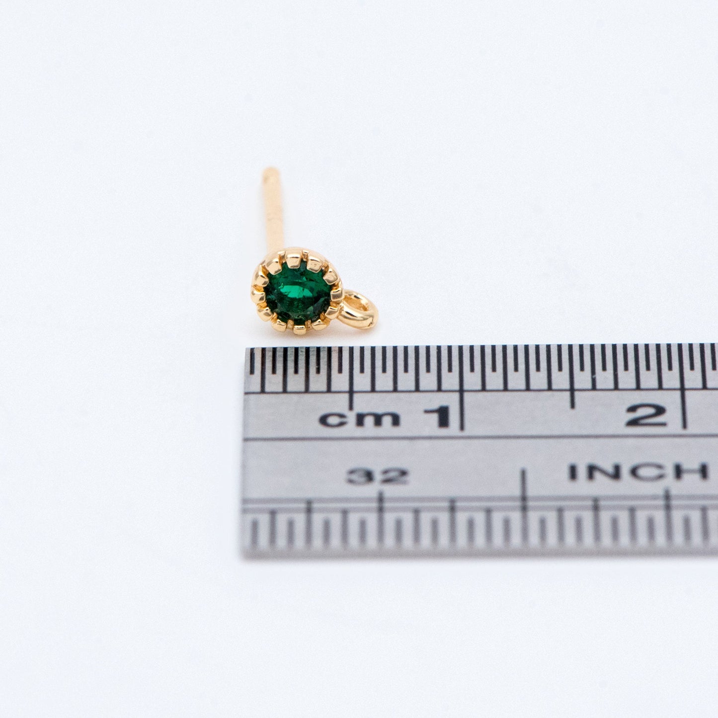 10pcs Red/ Emerald Rhinestone Ear Posts 4mm, CZ Stud Earring with Loops, 18K Gold plated Brass Ear Findings (#GB-781)