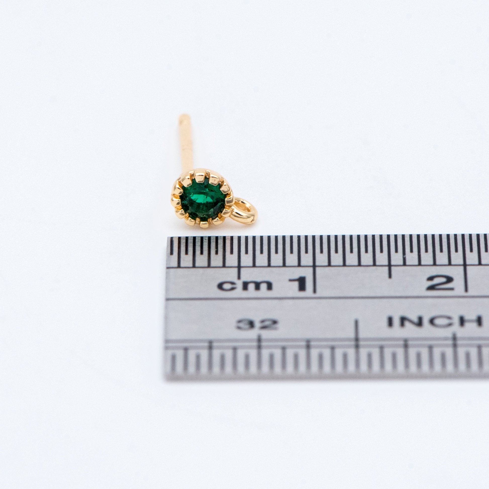 10pcs Red/ Emerald Rhinestone Ear Posts 4mm, CZ Stud Earring with Loops, 18K Gold plated Brass Ear Findings (#GB-781)