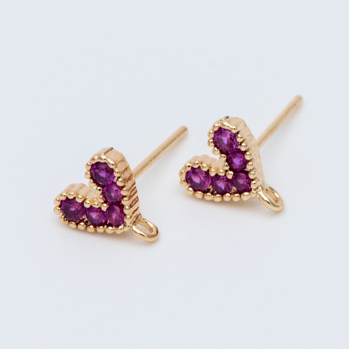 10pcs CZ Pave Gold Heart Ear Posts, 18K Gold plated Brass, Purple Heart Stud Earrings (GB-765)