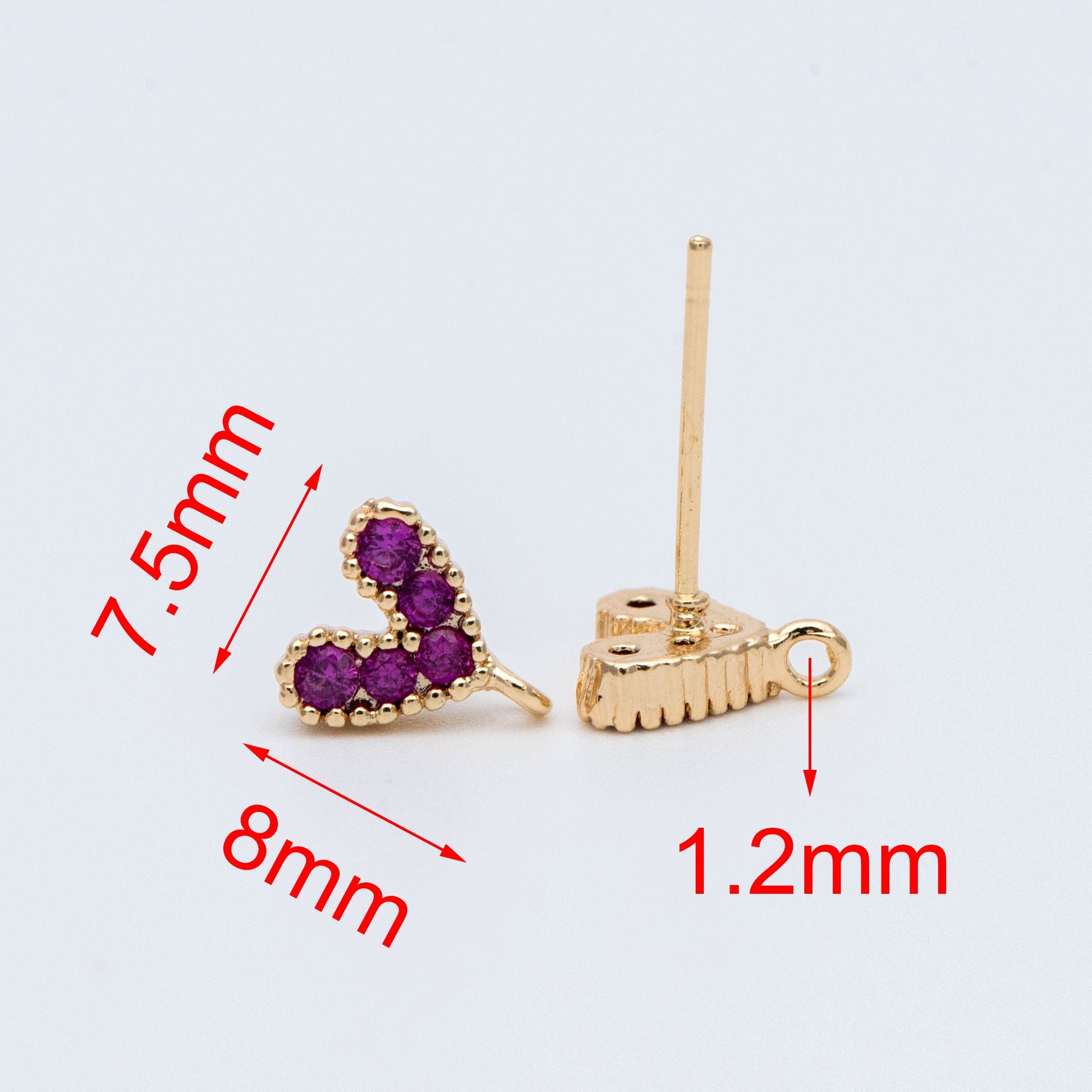 10pcs CZ Pave Gold Heart Ear Posts, 18K Gold plated Brass, Purple Heart Stud Earrings (GB-765)