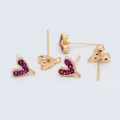 10pcs CZ Pave Gold Heart Ear Posts, 18K Gold plated Brass, Purple Heart Stud Earrings (GB-765)