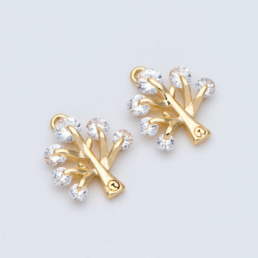 10pcs CZ pave Gold Tree Charms 12x10mm, 18K Gold plated Brass Plant Pendants (GB-771)