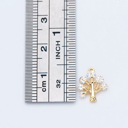 10pcs CZ pave Gold Tree Charms 12x10mm, 18K Gold plated Brass Plant Pendants (GB-771)