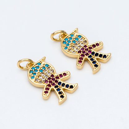 4pcs CZ pave Boy Charms 21mm, 18K Gold plated Brass Human Pendants (GB-792)