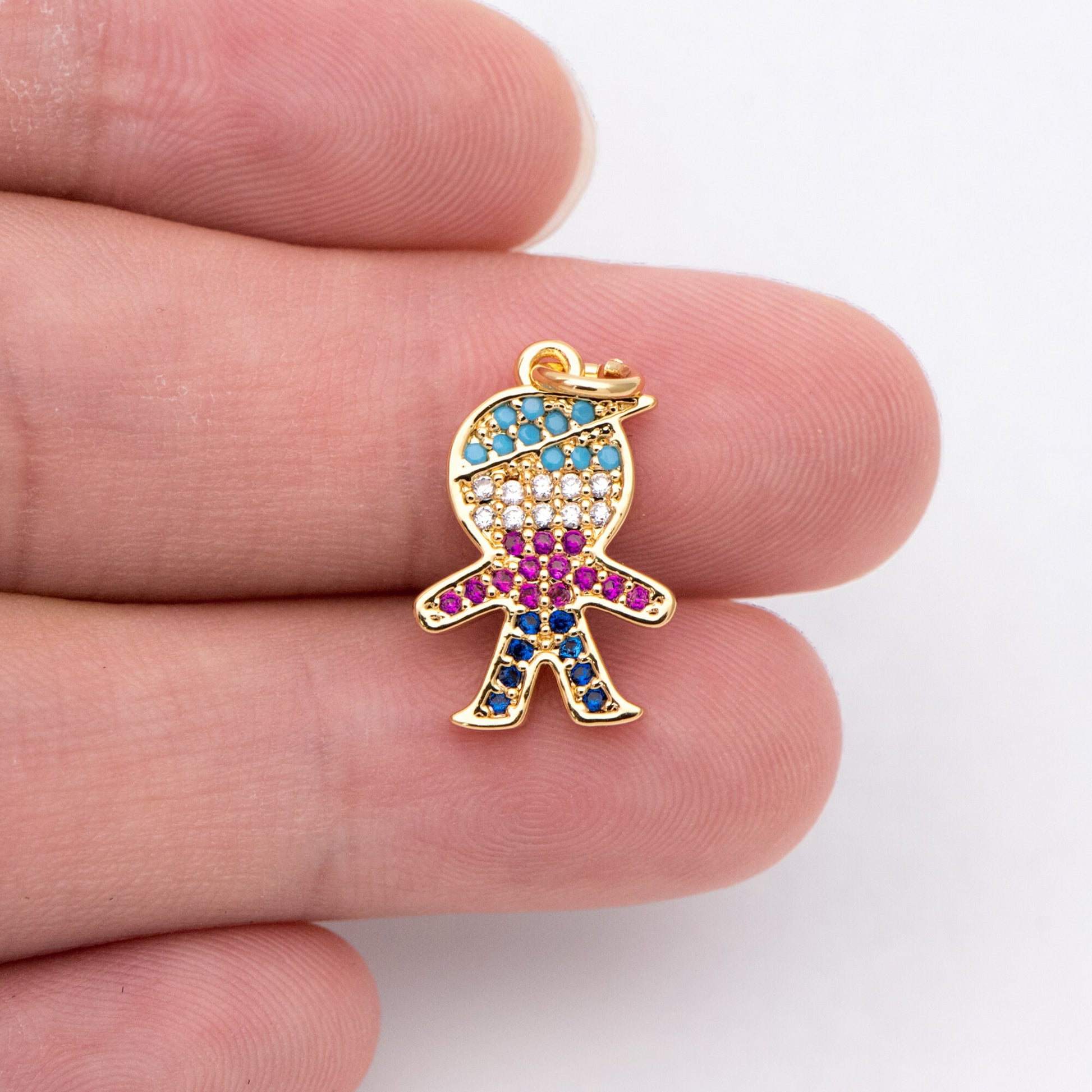 4pcs CZ pave Boy Charms 21mm, 18K Gold plated Brass Human Pendants (GB-792)