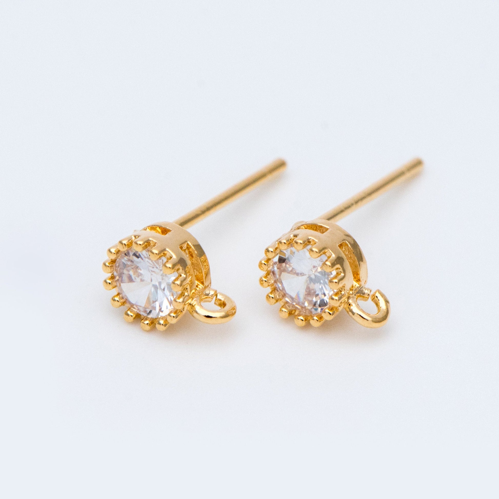 10pcs CZ Pave Gold/ Silver Ear Posts 5mm with Loops, 18K Gold/ Rhodium Plated Brass Stud Earrings (#GB-803)