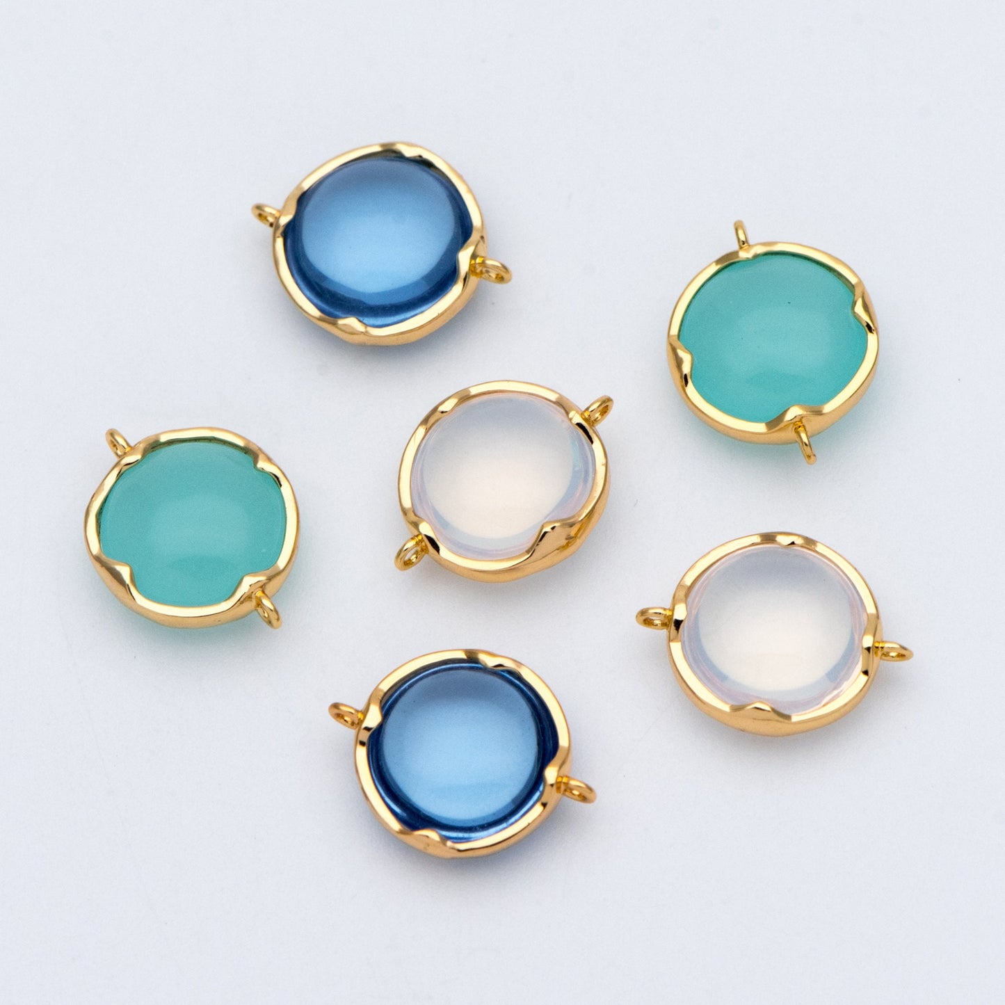 10pcs Gold Framed Glass Connector 15x11mm, Round Coin Bezel Charm Pendants, Clear Mint Blue (GB-805)
