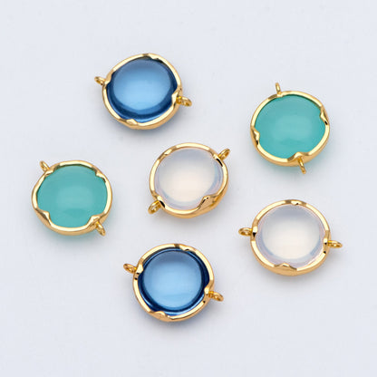 10pcs Gold Framed Glass Connector 15x11mm, Round Coin Bezel Charm Pendants, Clear Mint Blue (GB-805)