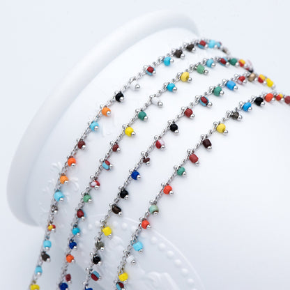 Rhodium plated Brass Beaded Chains, 1.8mm Chain with Glass Seed Beads, Necklace Chain Components (#LK-271-4)/ 1 Meter=3.3 ft