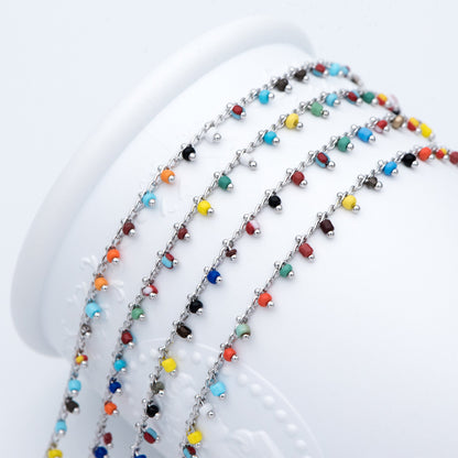 Rhodium plated Brass Beaded Chains, 1.8mm Chain with Glass Seed Beads, Necklace Chain Components (#LK-271-4)/ 1 Meter=3.3 ft