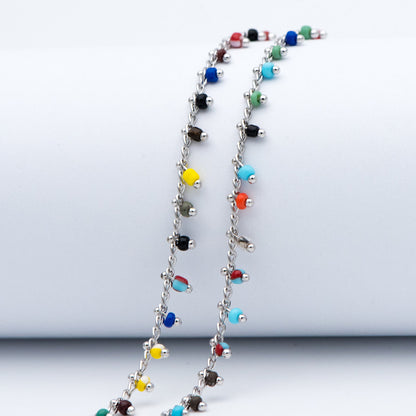 Rhodium plated Brass Beaded Chains, 1.8mm Chain with Glass Seed Beads, Necklace Chain Components (#LK-271-4)/ 1 Meter=3.3 ft