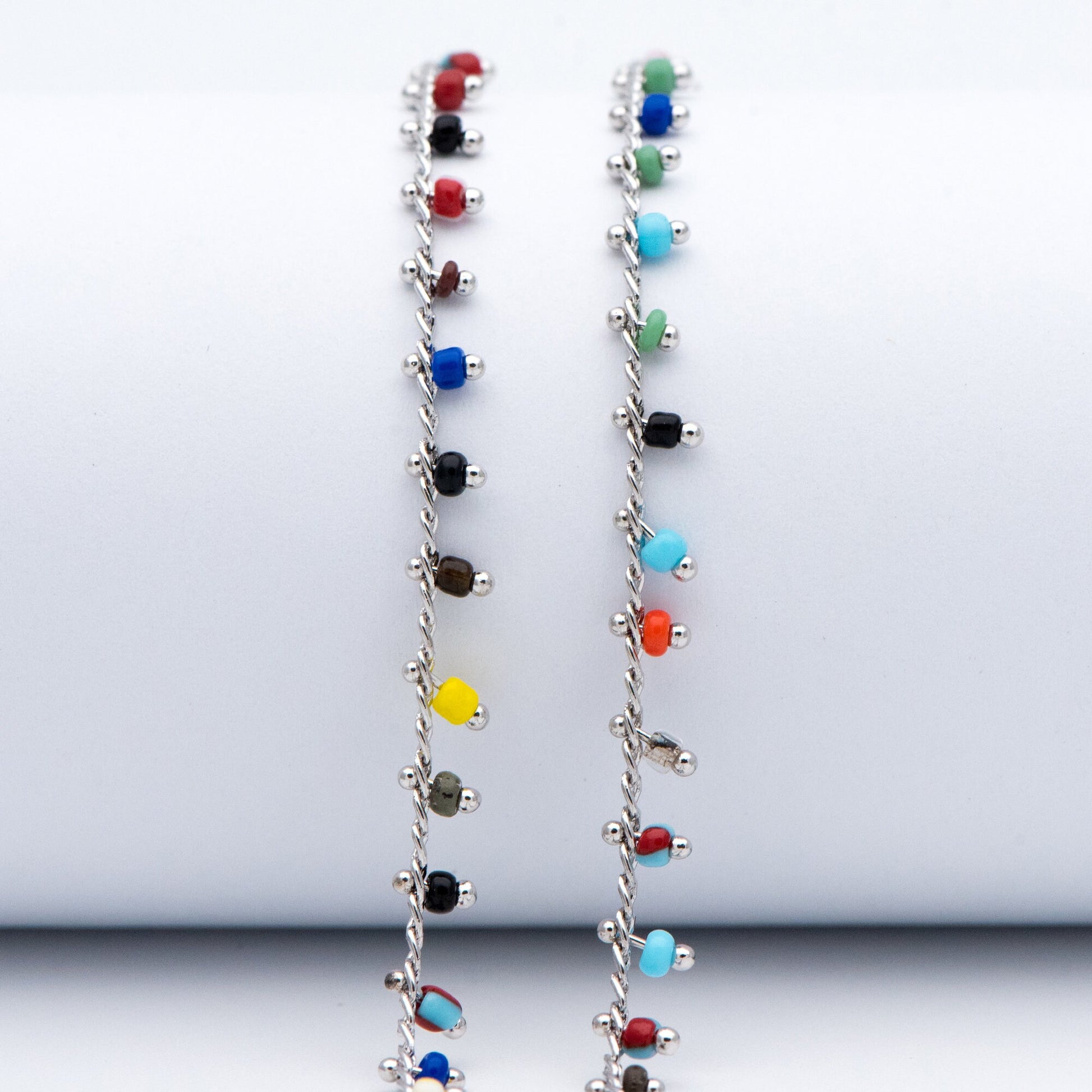 Rhodium plated Brass Beaded Chains, 1.8mm Chain with Glass Seed Beads, Necklace Chain Components (#LK-271-4)/ 1 Meter=3.3 ft