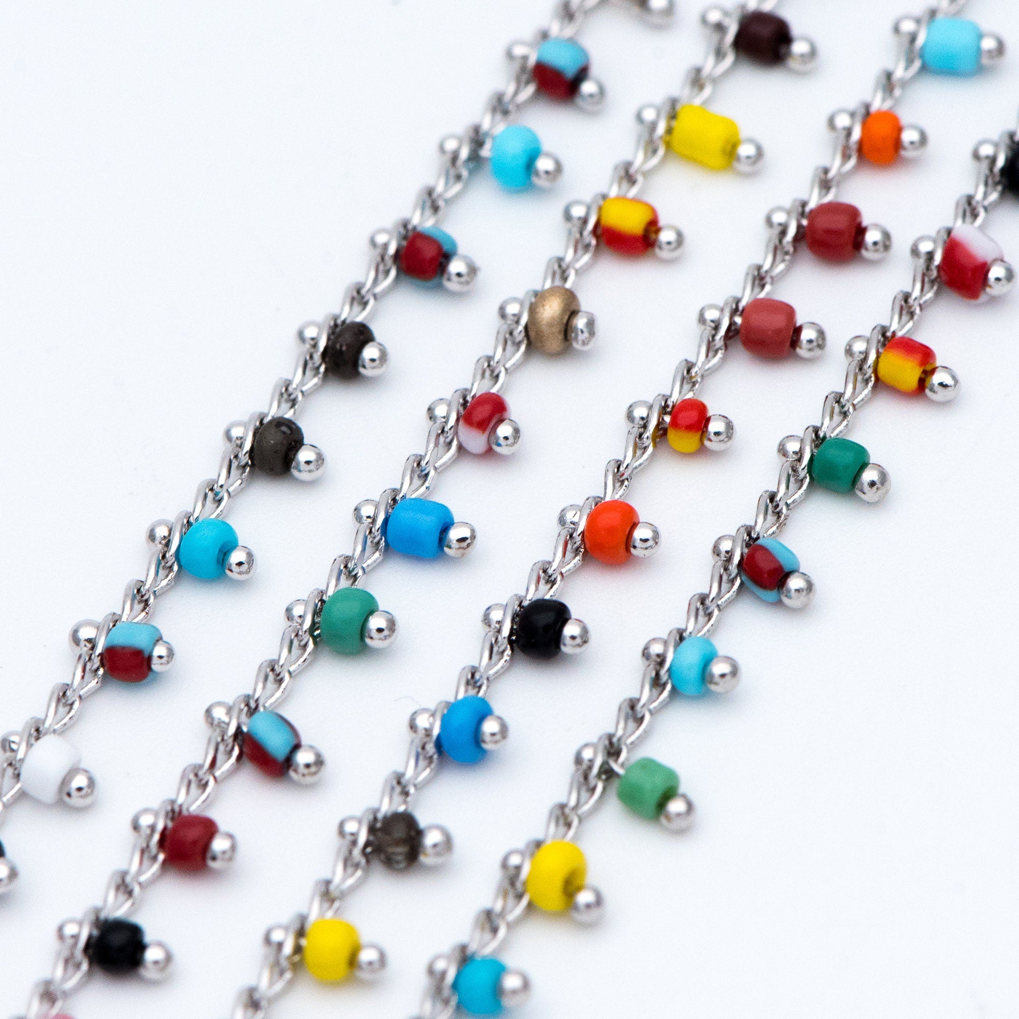 Rhodium plated Brass Beaded Chains, 1.8mm Chain with Glass Seed Beads, Necklace Chain Components (#LK-271-4)/ 1 Meter=3.3 ft