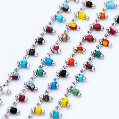 Rhodium plated Brass Beaded Chains, 1.8mm Chain with Glass Seed Beads, Necklace Chain Components (#LK-271-4)/ 1 Meter=3.3 ft