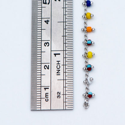 Rhodium plated Brass Beaded Chains, 1.8mm Chain with Glass Seed Beads, Necklace Chain Components (#LK-271-4)/ 1 Meter=3.3 ft