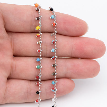 Rhodium plated Brass Beaded Chains, 1.8mm Chain with Glass Seed Beads, Necklace Chain Components (#LK-271-4)/ 1 Meter=3.3 ft