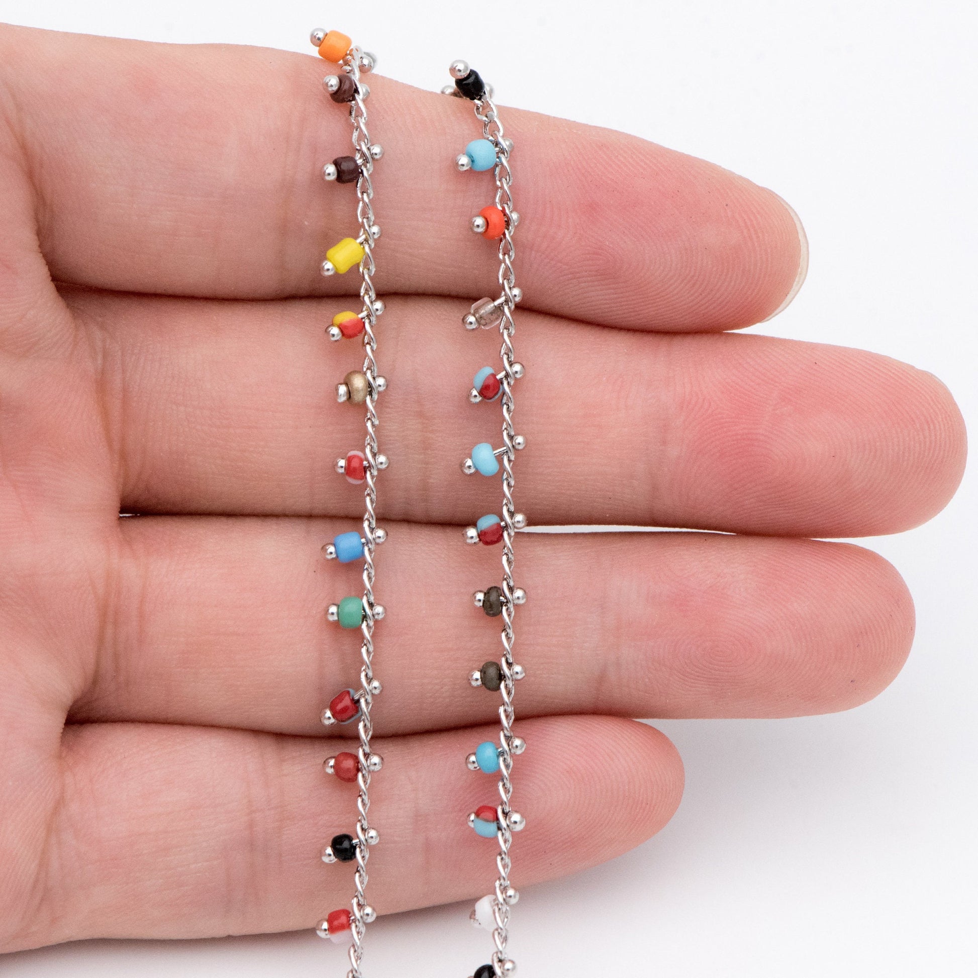 Rhodium plated Brass Beaded Chains, 1.8mm Chain with Glass Seed Beads, Necklace Chain Components (#LK-271-4)/ 1 Meter=3.3 ft