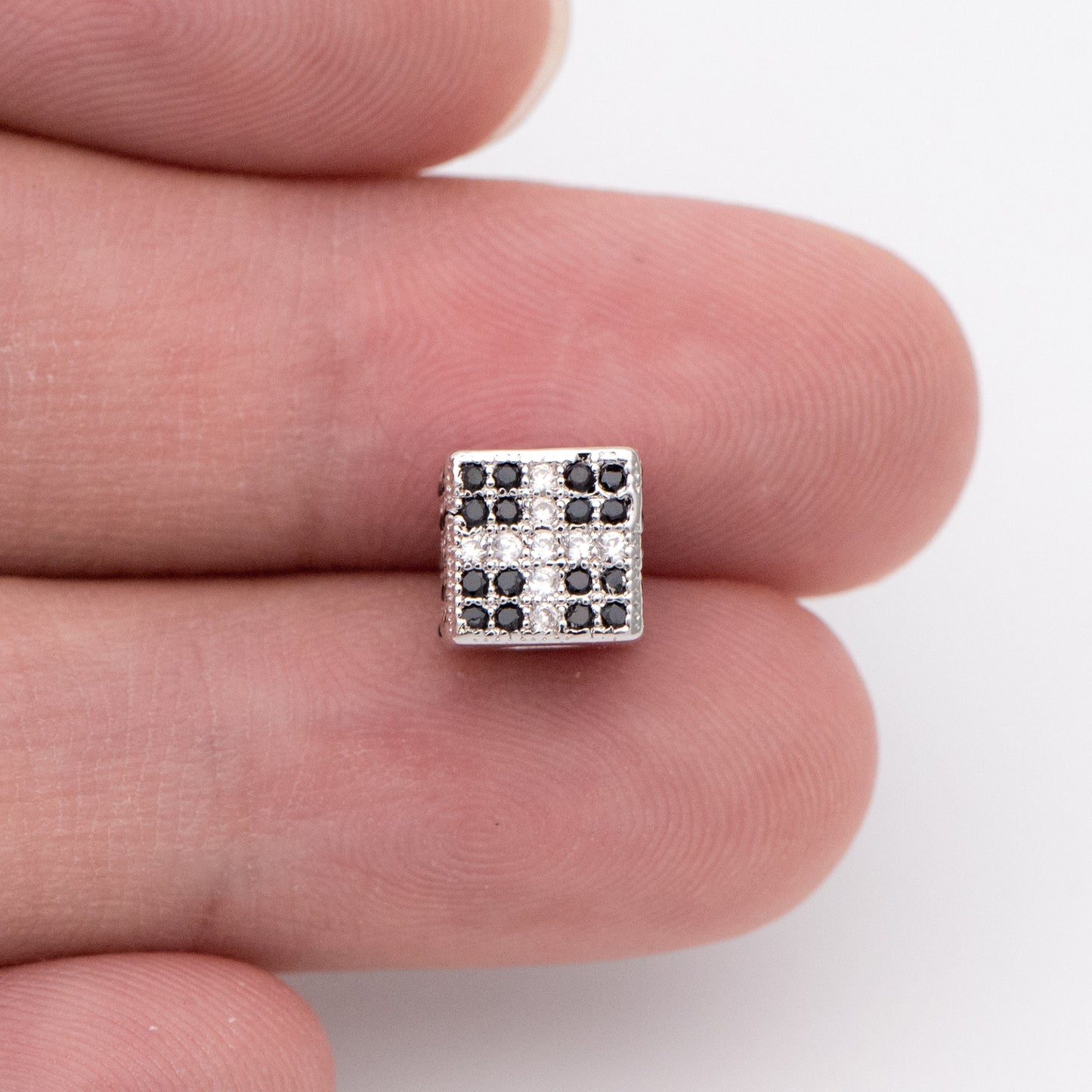 4pcs CZ Pave Silver Cube Spacers 7mm, Rhodium plated brass, Large Hole Square Beads (GB-797-2)