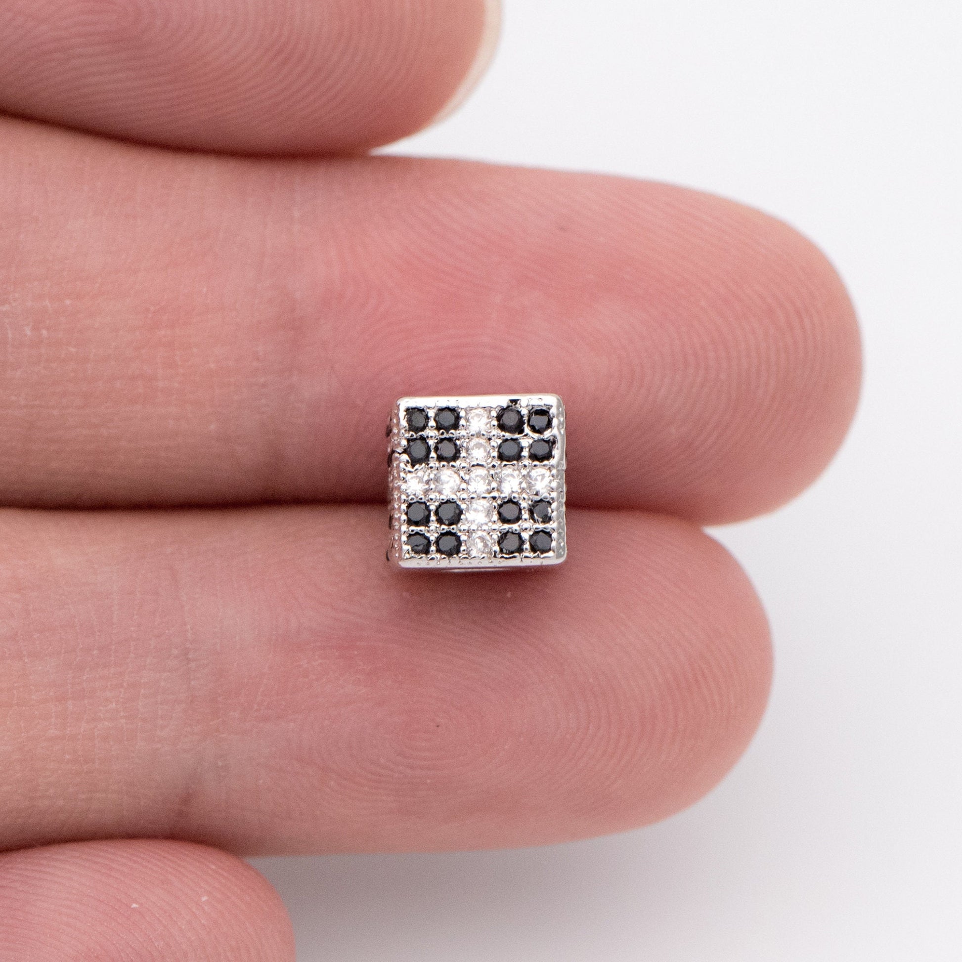 4pcs CZ Pave Silver Cube Spacers 7mm, Rhodium plated brass, Large Hole Square Beads (GB-797-2)