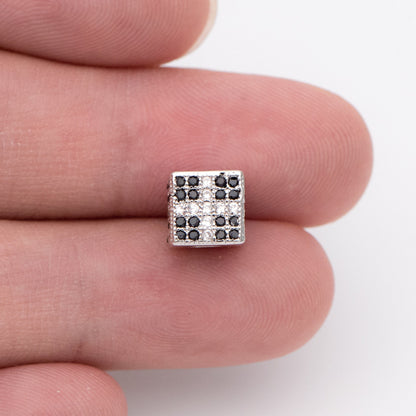 4pcs CZ Pave Silver Cube Spacers 7mm, Rhodium plated brass, Large Hole Square Beads (GB-797-2)