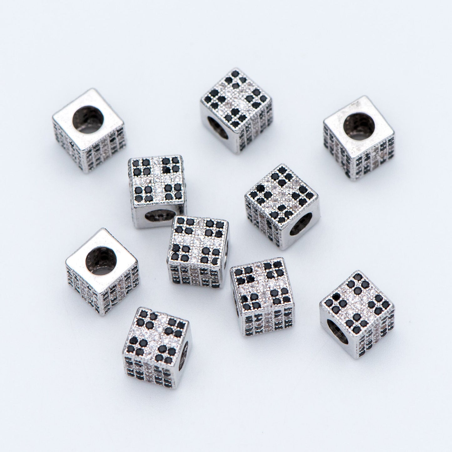 4pcs CZ Pave Silver Cube Spacers 7mm, Rhodium plated brass, Large Hole Square Beads (GB-797-2)