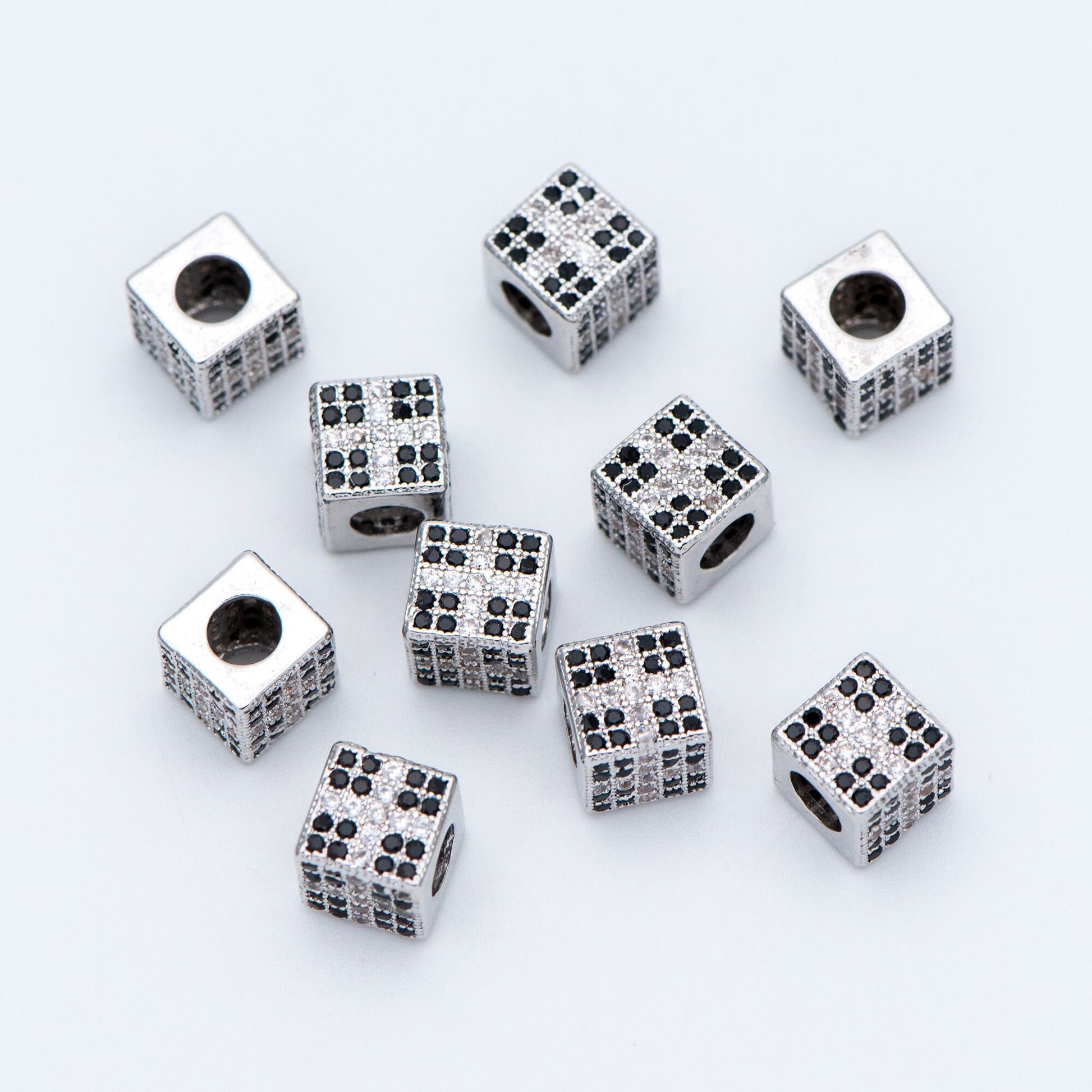 4pcs CZ Pave Silver Cube Spacers 7mm, Rhodium plated brass, Large Hole Square Beads (GB-797-2)