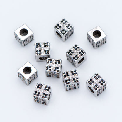 4pcs CZ Pave Silver Cube Spacers 7mm, Rhodium plated brass, Large Hole Square Beads (GB-797-2)