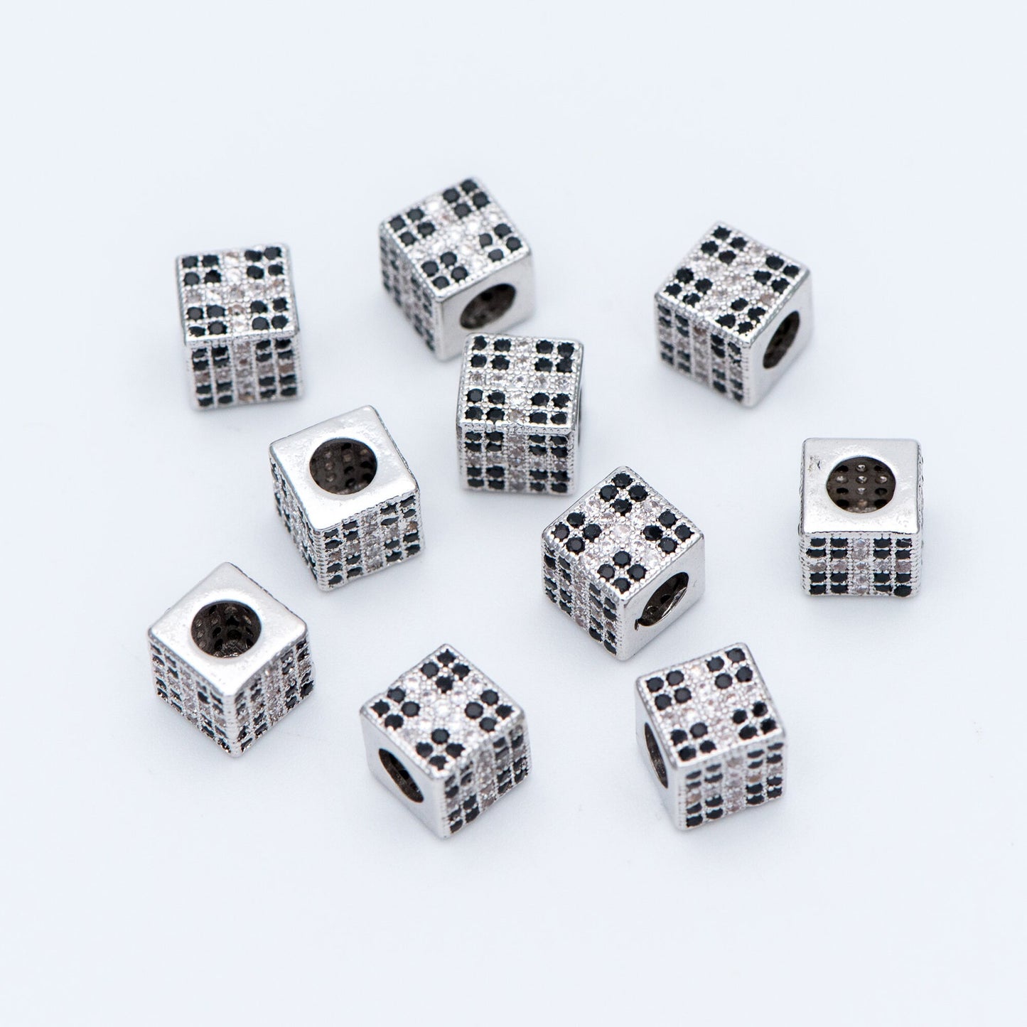 4pcs CZ Pave Silver Cube Spacers 7mm, Rhodium plated brass, Large Hole Square Beads (GB-797-2)