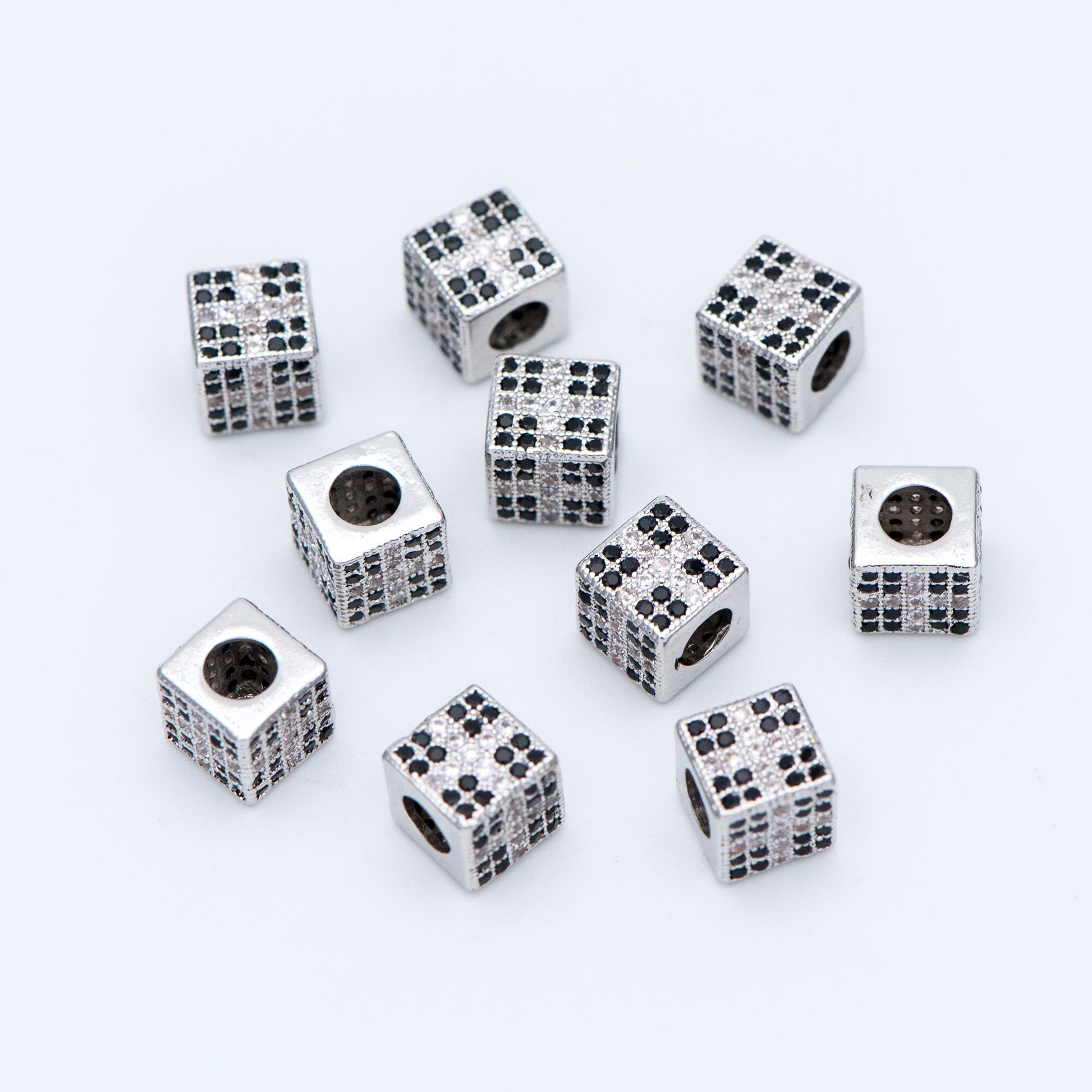 4pcs CZ Pave Silver Cube Spacers 7mm, Rhodium plated brass, Large Hole Square Beads (GB-797-2)