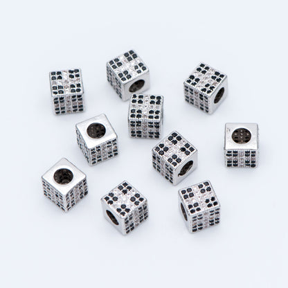4pcs CZ Pave Silver Cube Spacers 7mm, Rhodium plated brass, Large Hole Square Beads (GB-797-2)