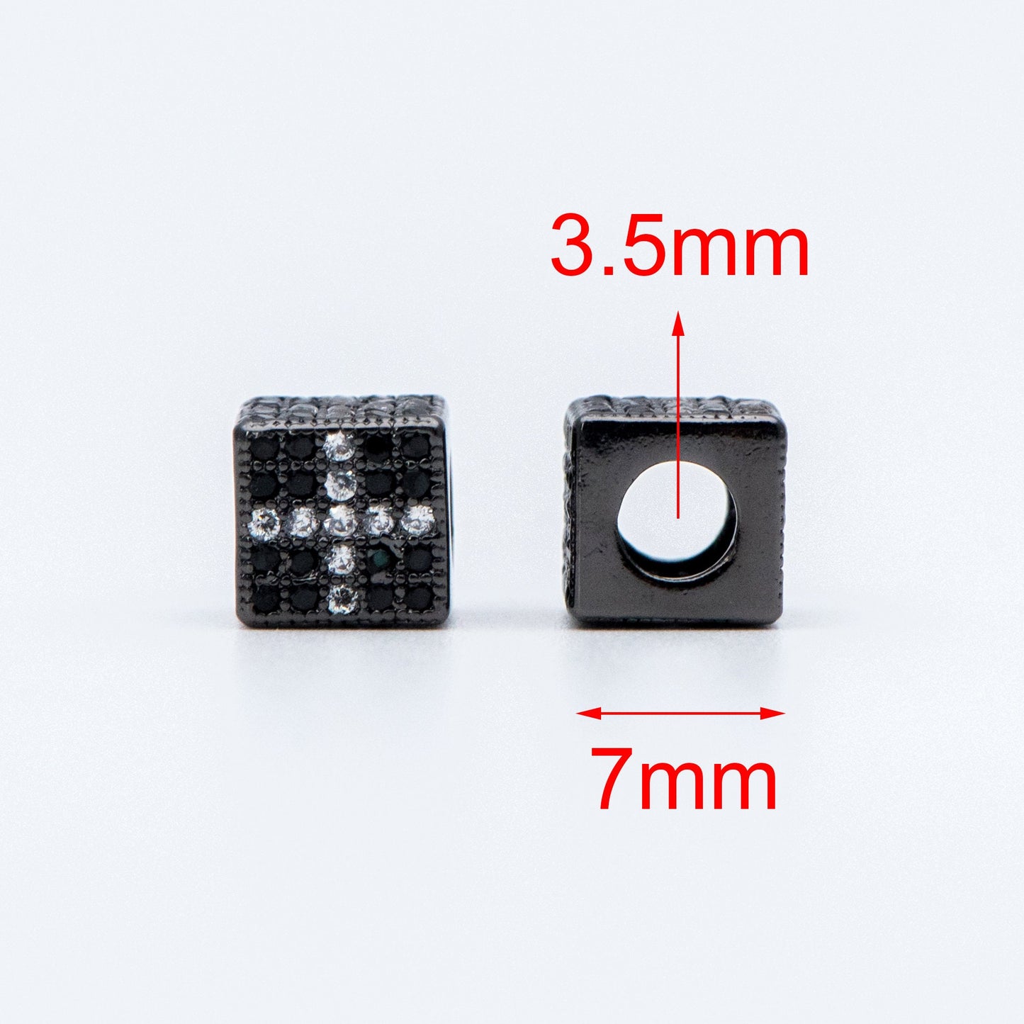 4pcs CZ Pave Black Cube Spacers 7mm, Gun Metal plated Brass, Large Hole Square Beads (GB-797-3)