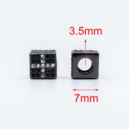 4pcs CZ Pave Black Cube Spacers 7mm, Gun Metal plated Brass, Large Hole Square Beads (GB-797-3)